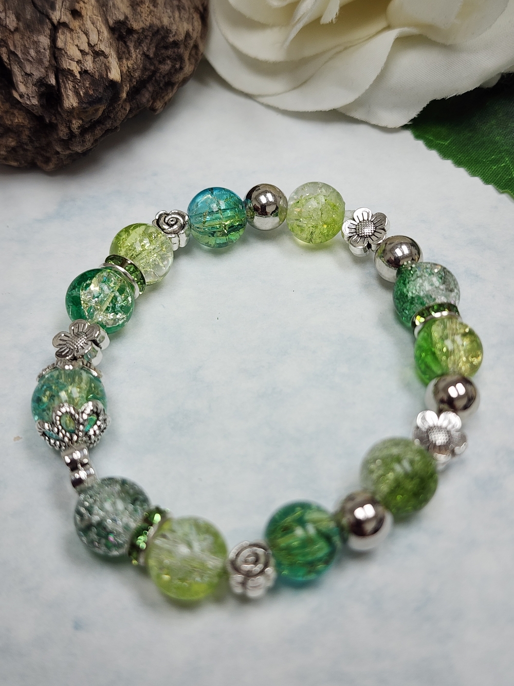 Stretch Bracelet Green and Blue Crackled Glass Beads With Floral Spacers - Picture 3 of 6